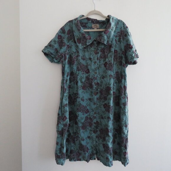 FLAX 100% Linen Floral Gauzy Shirt Dress Lagenlook Feminine Boho - Size L - Picture 2 of 15